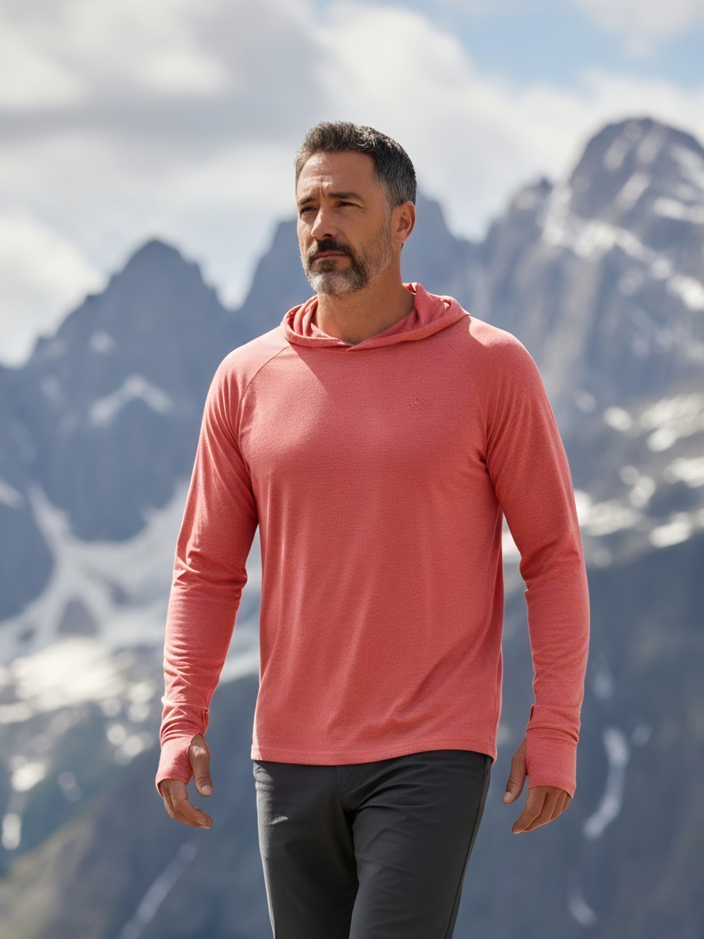 Mofiz Men's M Lightweight Hooded Long-Sleeve Shirt With Thumbholes - Coral